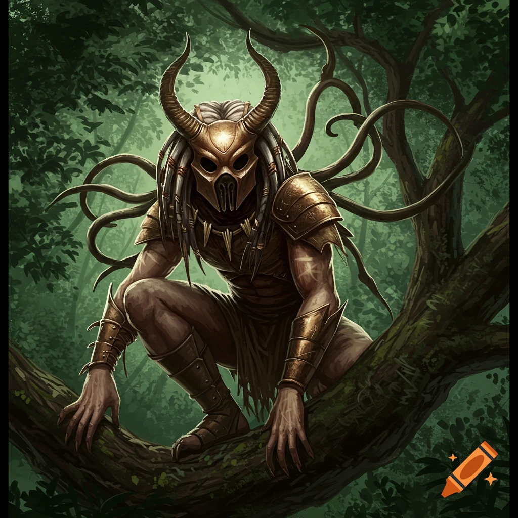 A masked, armored creature perched in a tree.