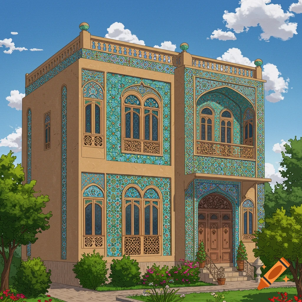 Detailed image of a building with turquoise tile work under a blue sky.
