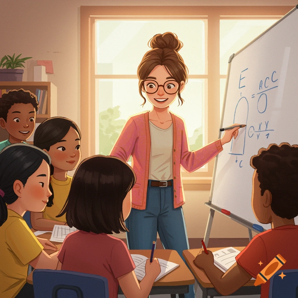 Cartoon teacher with glasses writing on whiteboard for diverse students in classroom