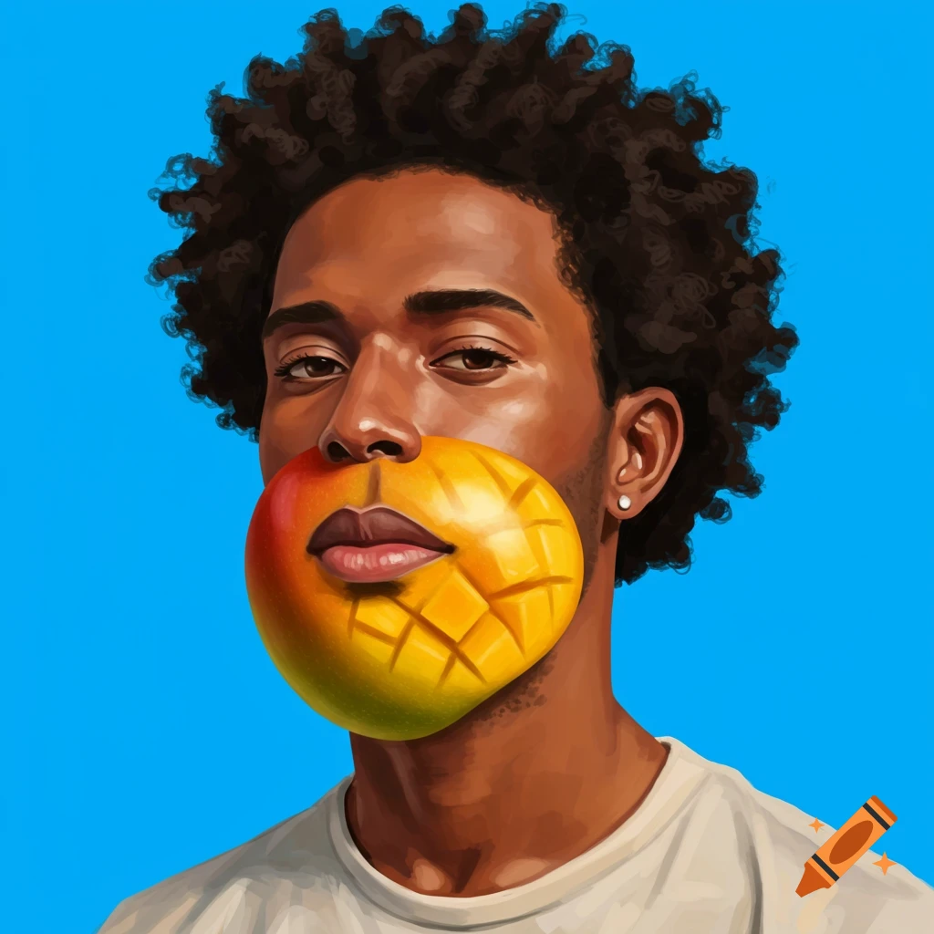 A man with a mango covering his chin and mouth.