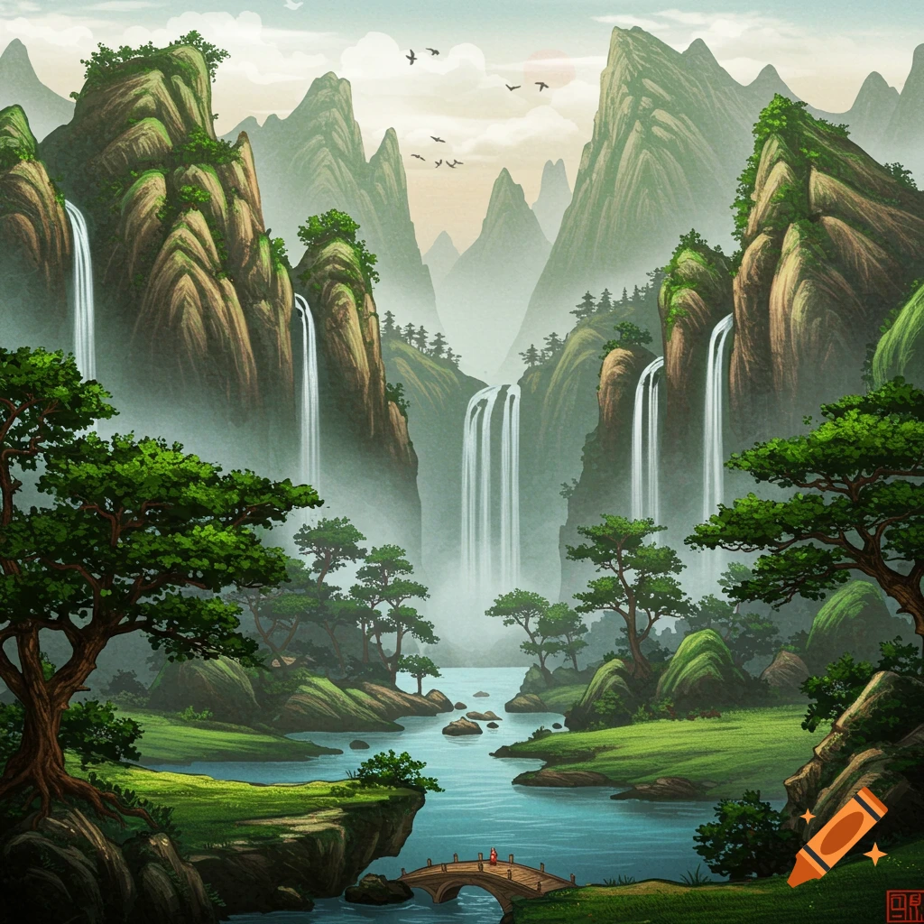 A landscape in the style of Chinese art depicts misty green mountains, multiple waterfalls cascading into a blue river, and lush trees. A small person stands on a bridge in the distance.