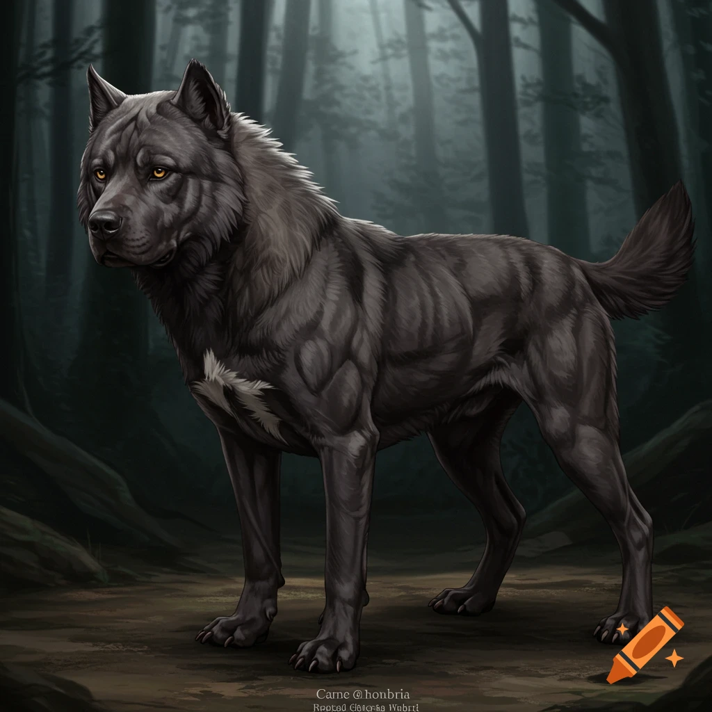 A muscular grey wolf-like creature stands in a dark forest.