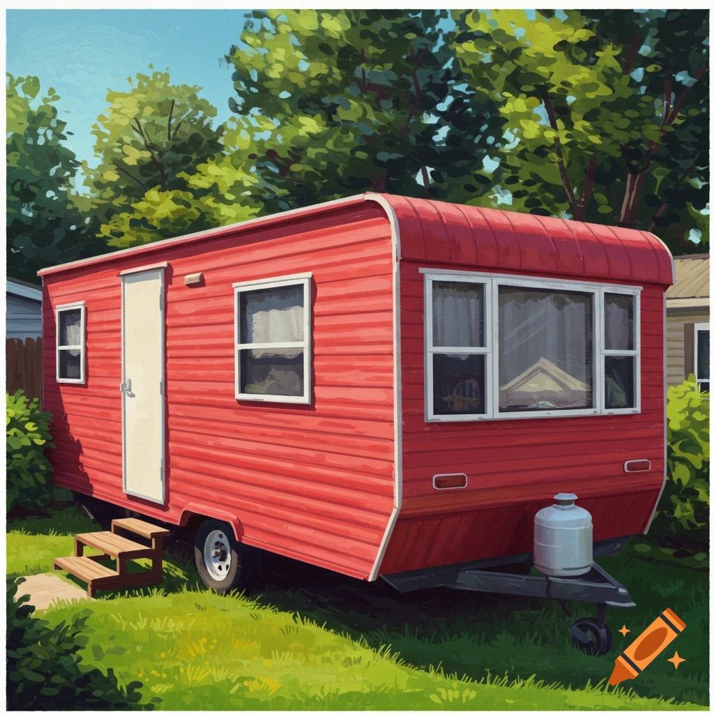 A red mobile home with steps, windows, and a propane tank is in a grassy yard with trees.