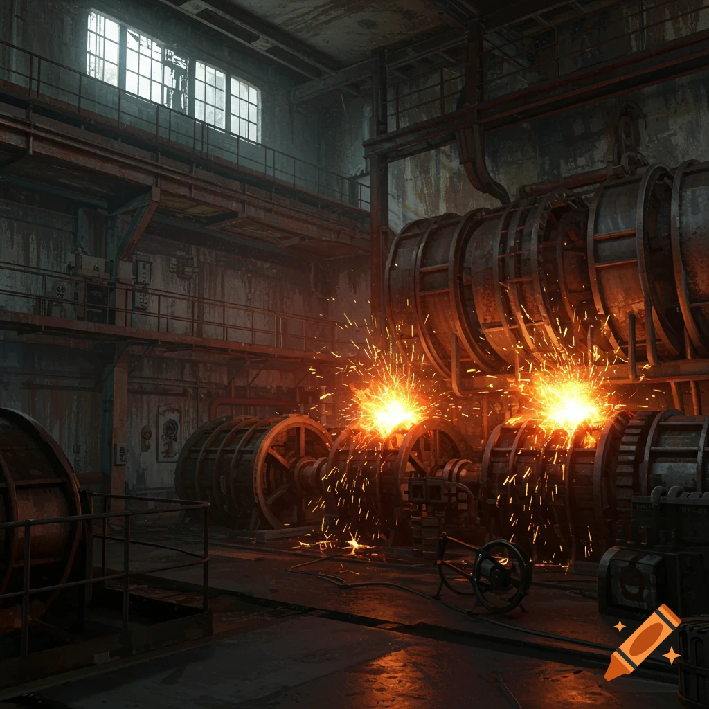An old factory floor with large gears and sparks