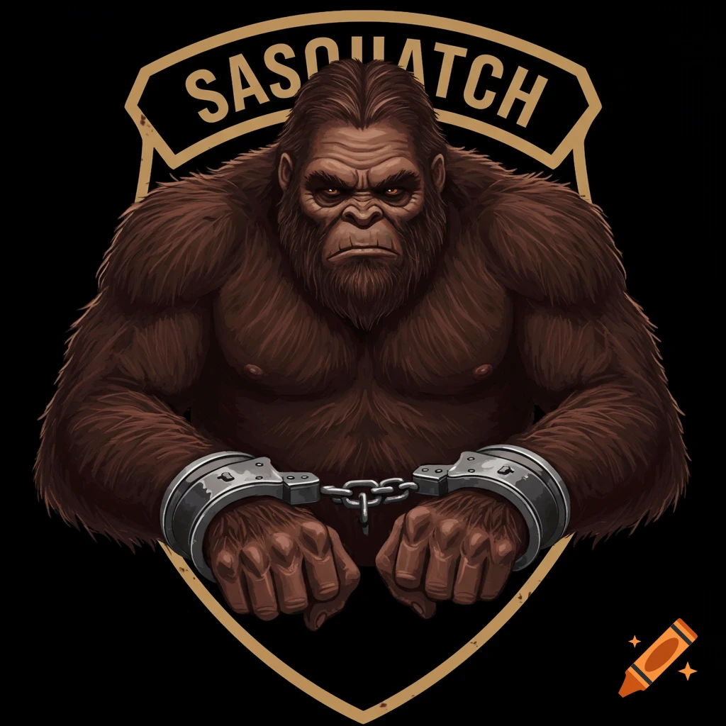 A police patch design depicting Sasquatch in handcuffs with 'SASQUATCH' text.