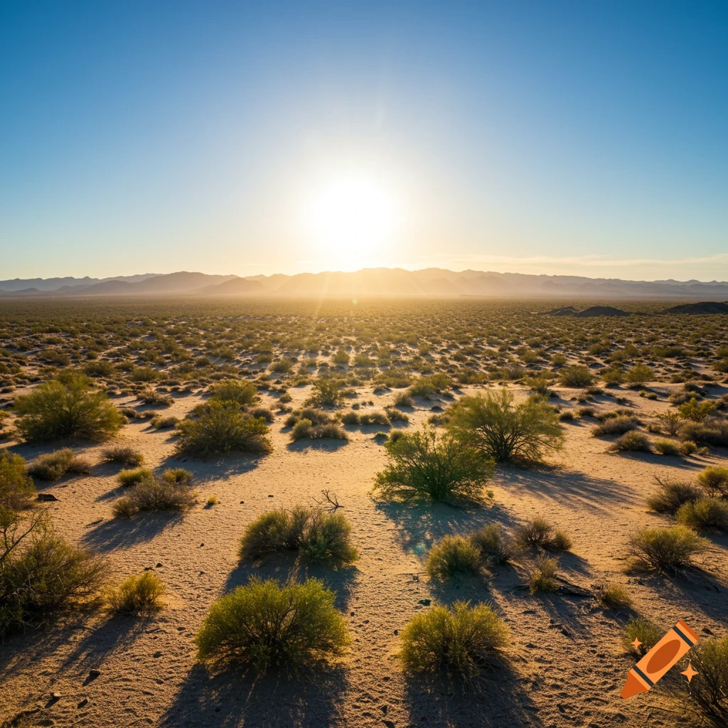 Sunrise over a desert landscape with bushes and distant mountains.