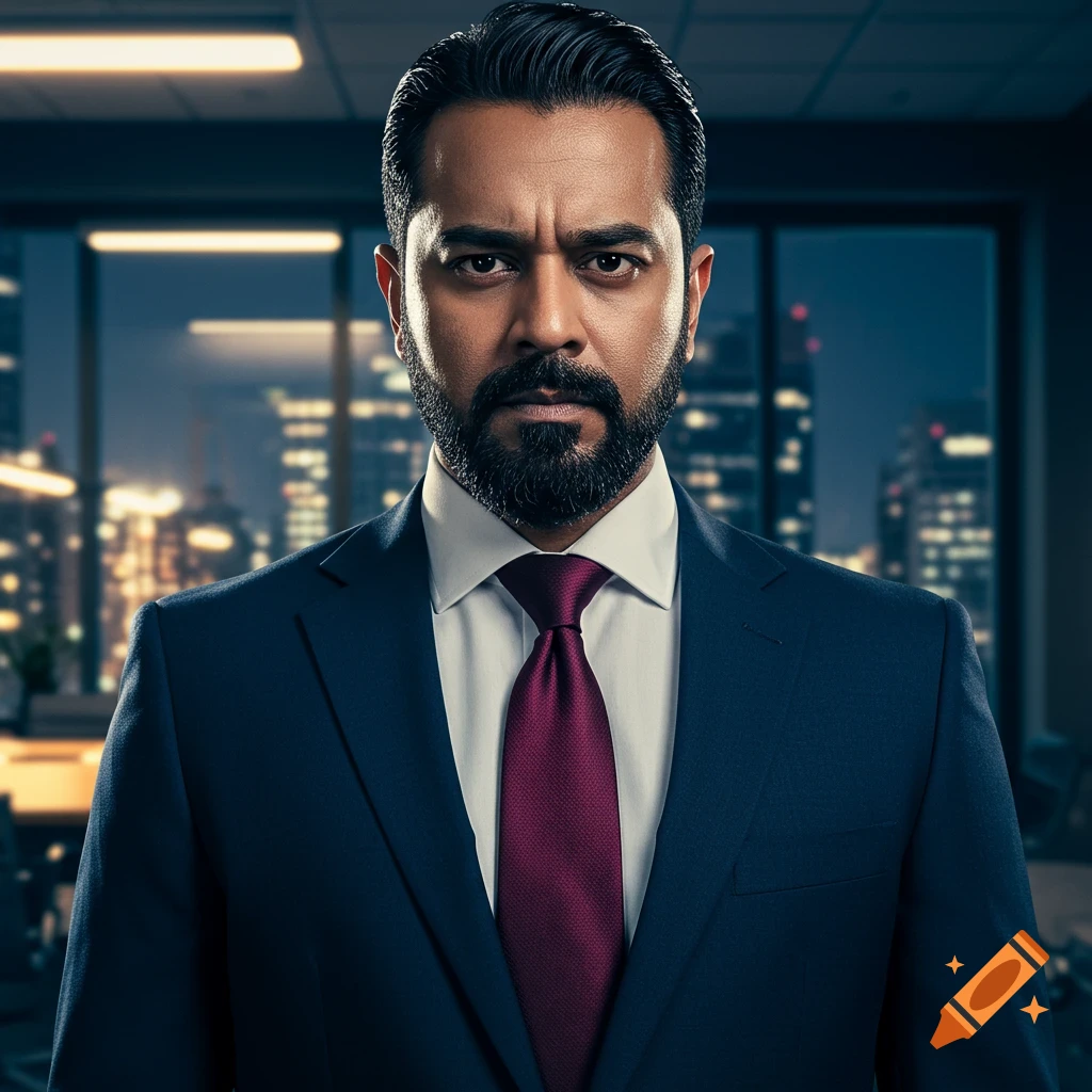 Serious man in suit and tie looking at camera, with city skyline background.