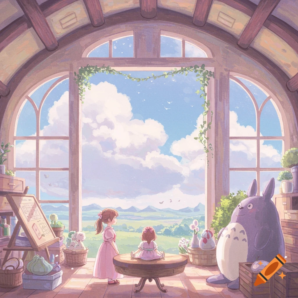 Two girls and Totoro look out a large arched window at a landscape with soft, muted colors.