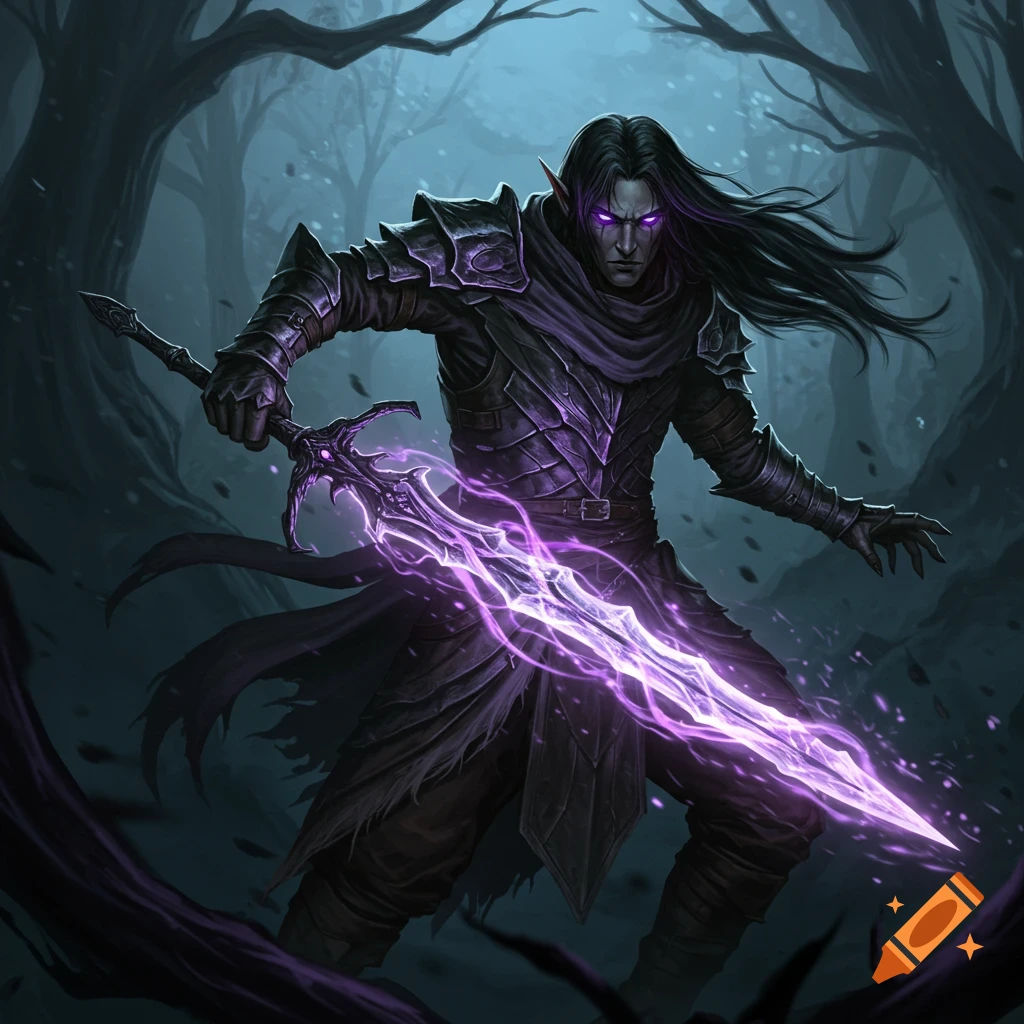 Dark fantasy warrior with glowing purple eyes and sword in a forest