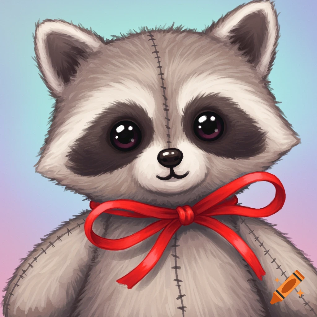 A stuffed raccoon with a red ribbon tied around its neck.