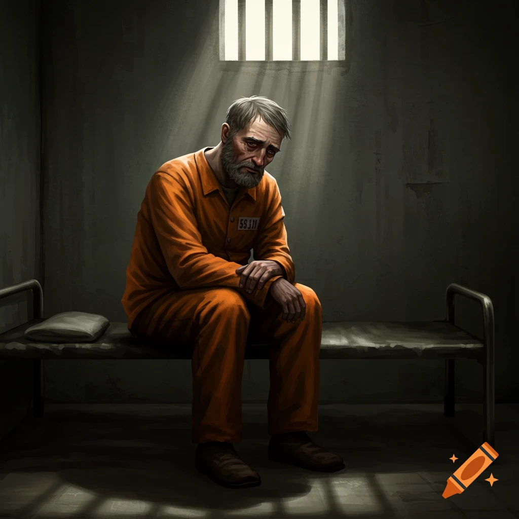 A sad man in an orange jumpsuit sits on a cot in a dimly lit prison cell with light from a barred window.