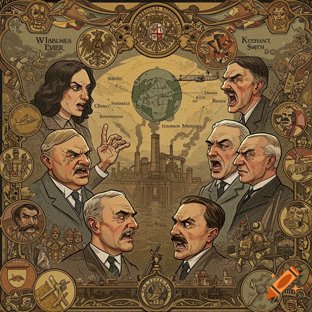 Vintage illustration style depiction of several historical figures arguing, surrounded by symbols, a globe, and industrial buildings.