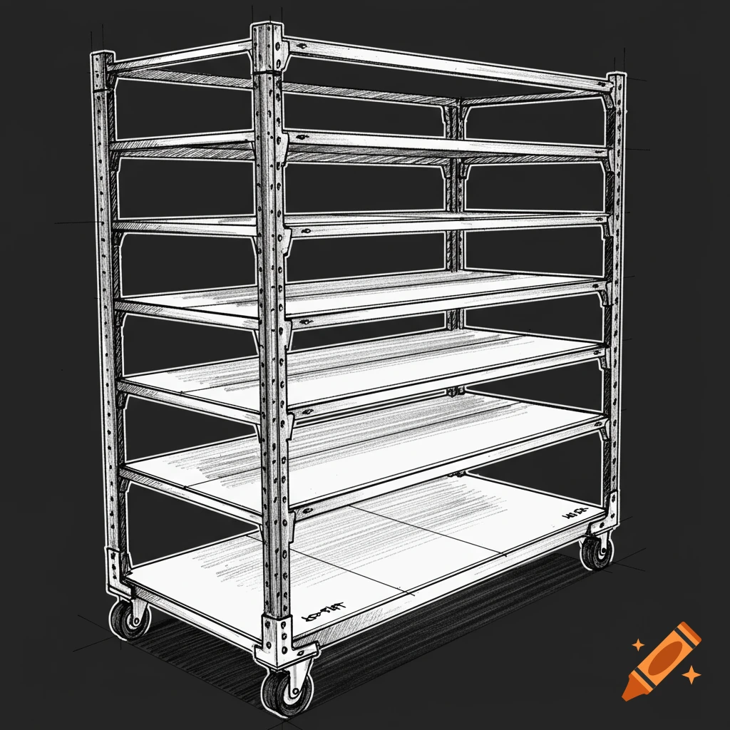 Sketch drawing of a metal rolling rack with multiple shelves