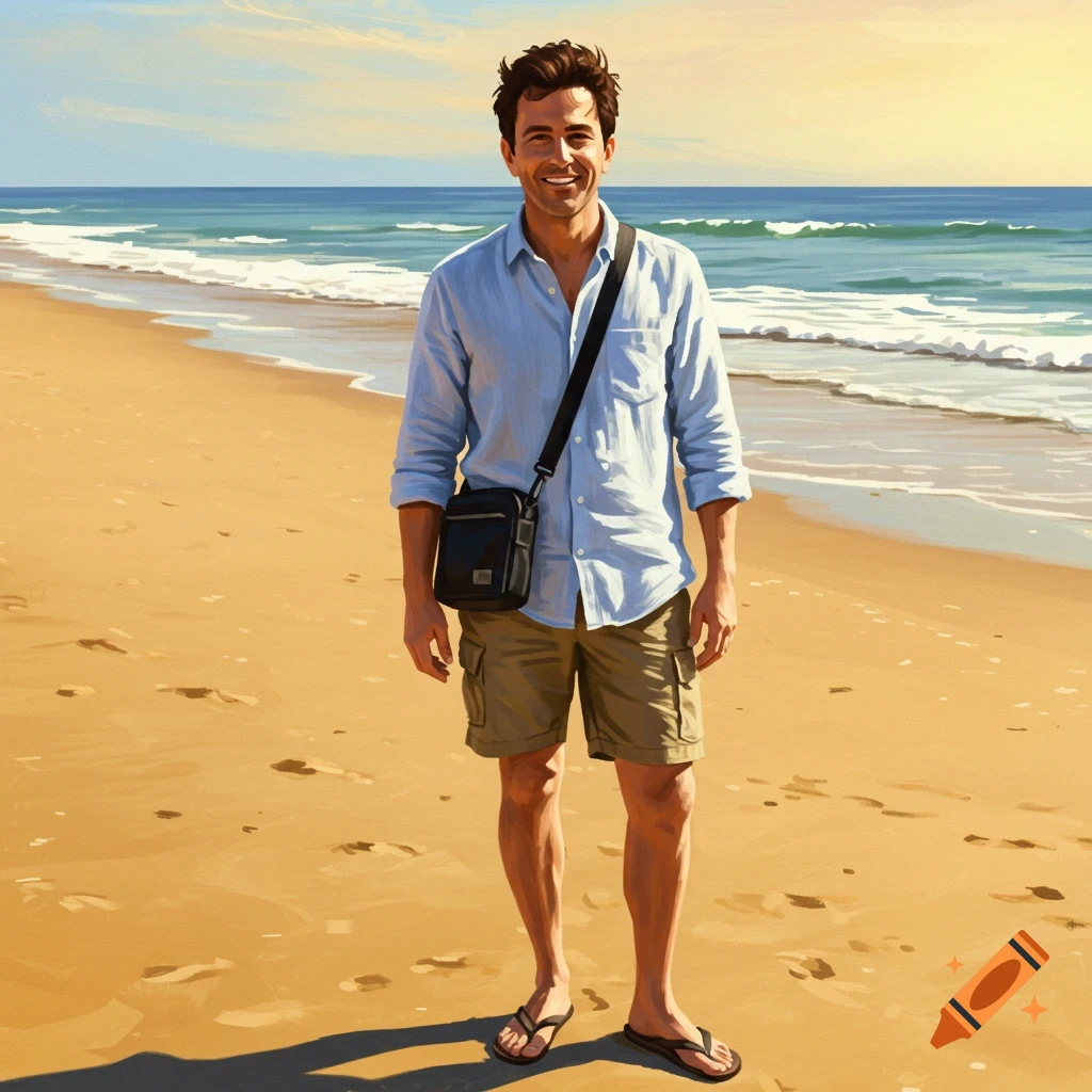 A smiling man stands on a beach, wearing a blue shirt, khaki shorts, and a black cross-body bag.