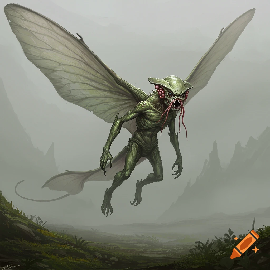 Green winged monster flying over a foggy landscape
