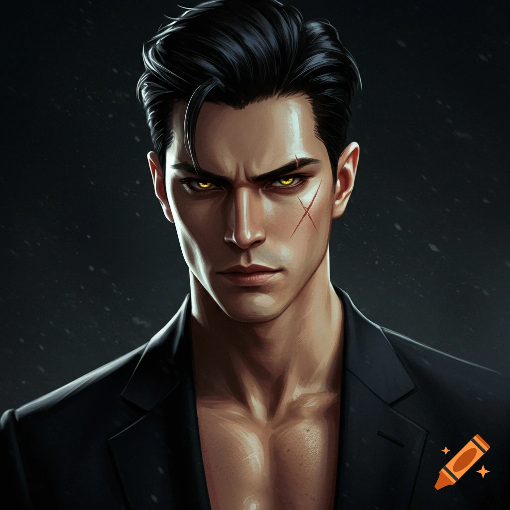 A handsome man with black hair, yellow eyes, and a scar on his cheek, wearing an open black jacket.