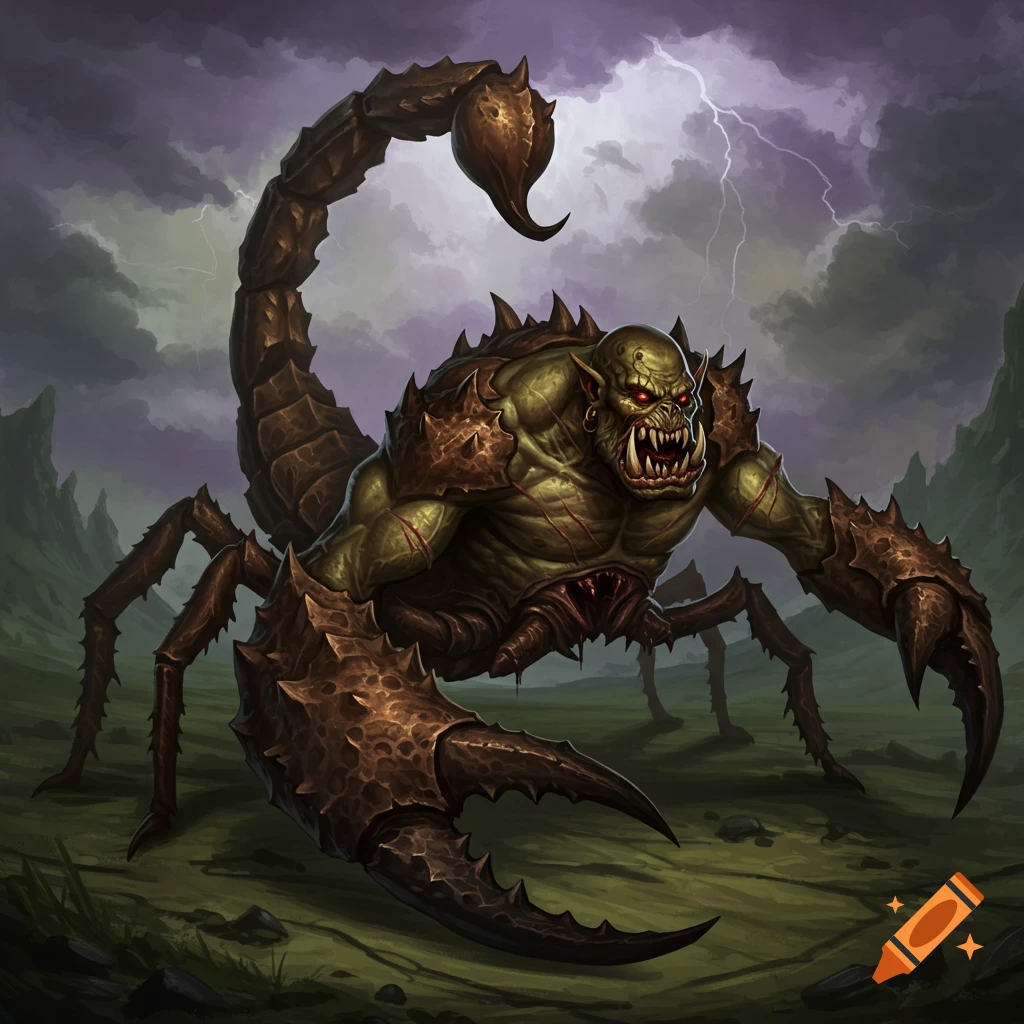 A monstrous scorpion and orc hybrid creature stands in a stormy landscape with lightning.