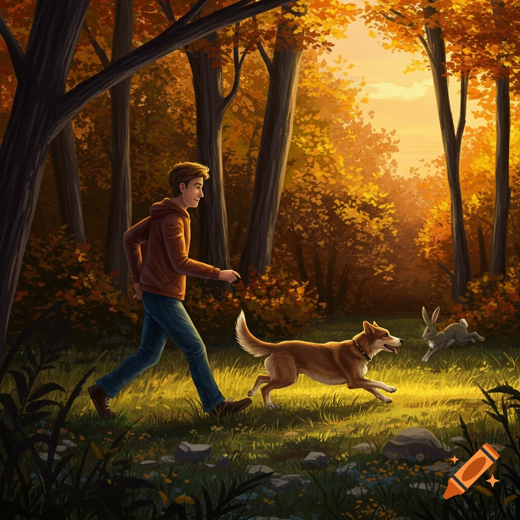 A boy, dog, and rabbit running through an autumn forest at sunset.
