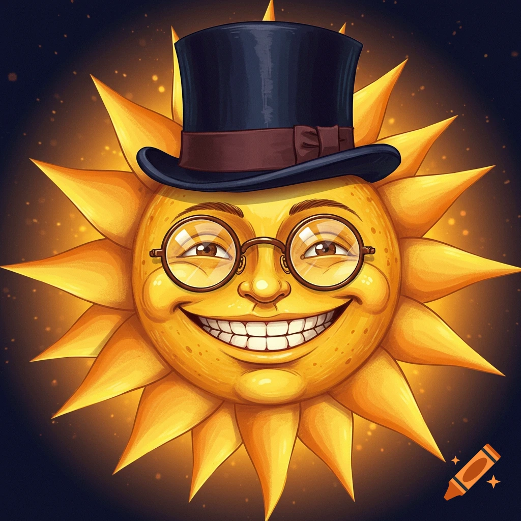 A smiling sun character is shown wearing a top hat and glasses