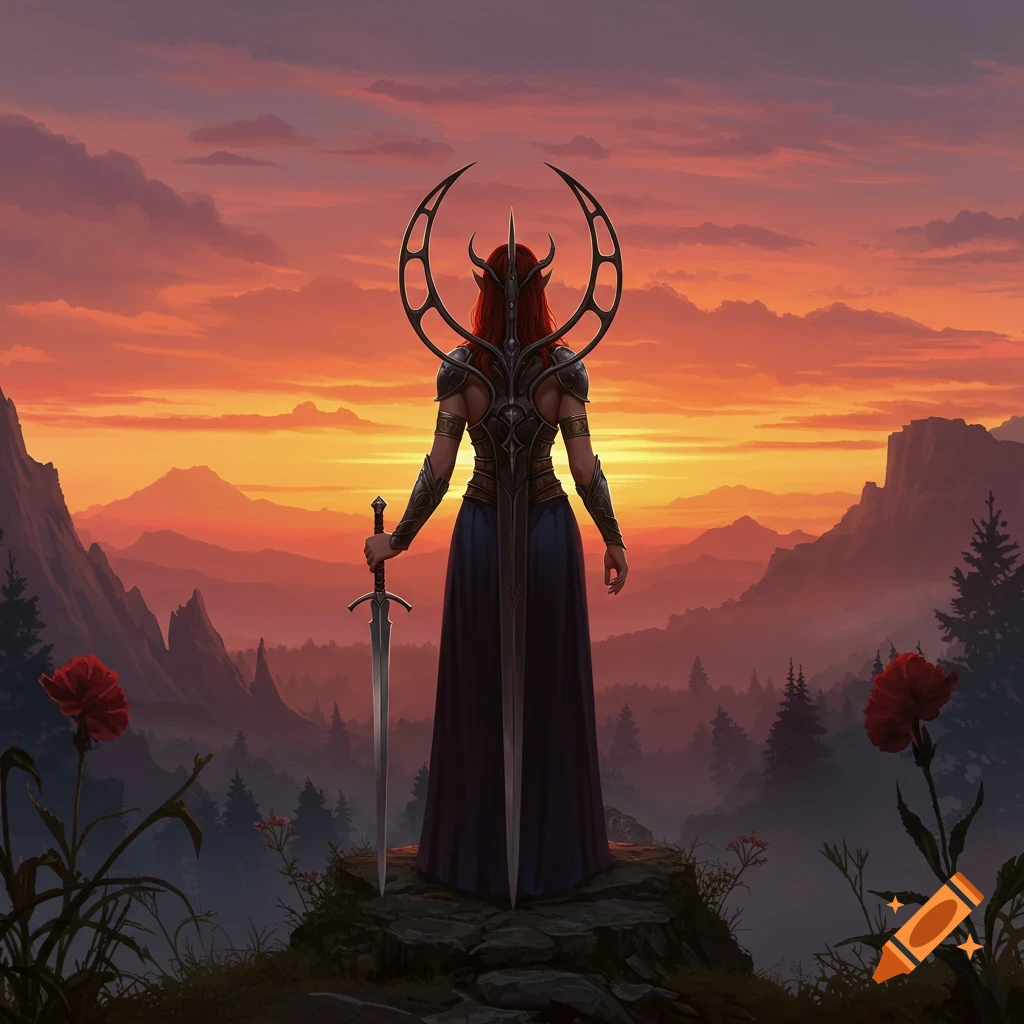 A fantasy character with a sword stands on a rock, gazing over a mountain landscape at sunset.