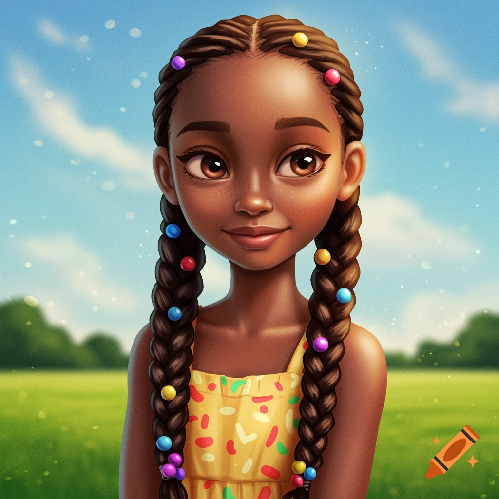 A young Black girl with beaded braids and a yellow sundress stands in a sunny field.