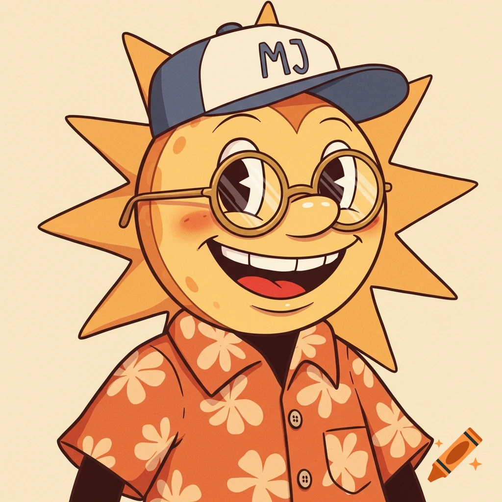 Cartoon sun character wearing glasses, Hawaiian shirt, and baseball cap with 'MJ' in 1920s style.