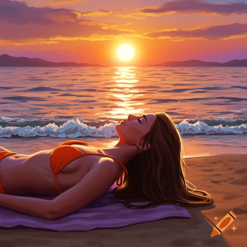 A woman sunbathing on a beach at sunset.
