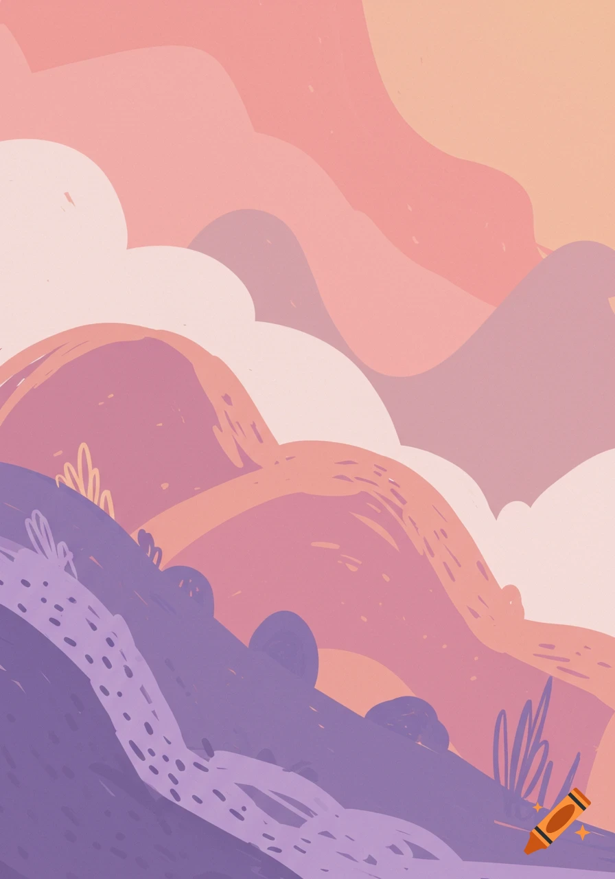 A stylized illustration of rolling hills and clouds in shades of purple and pink.