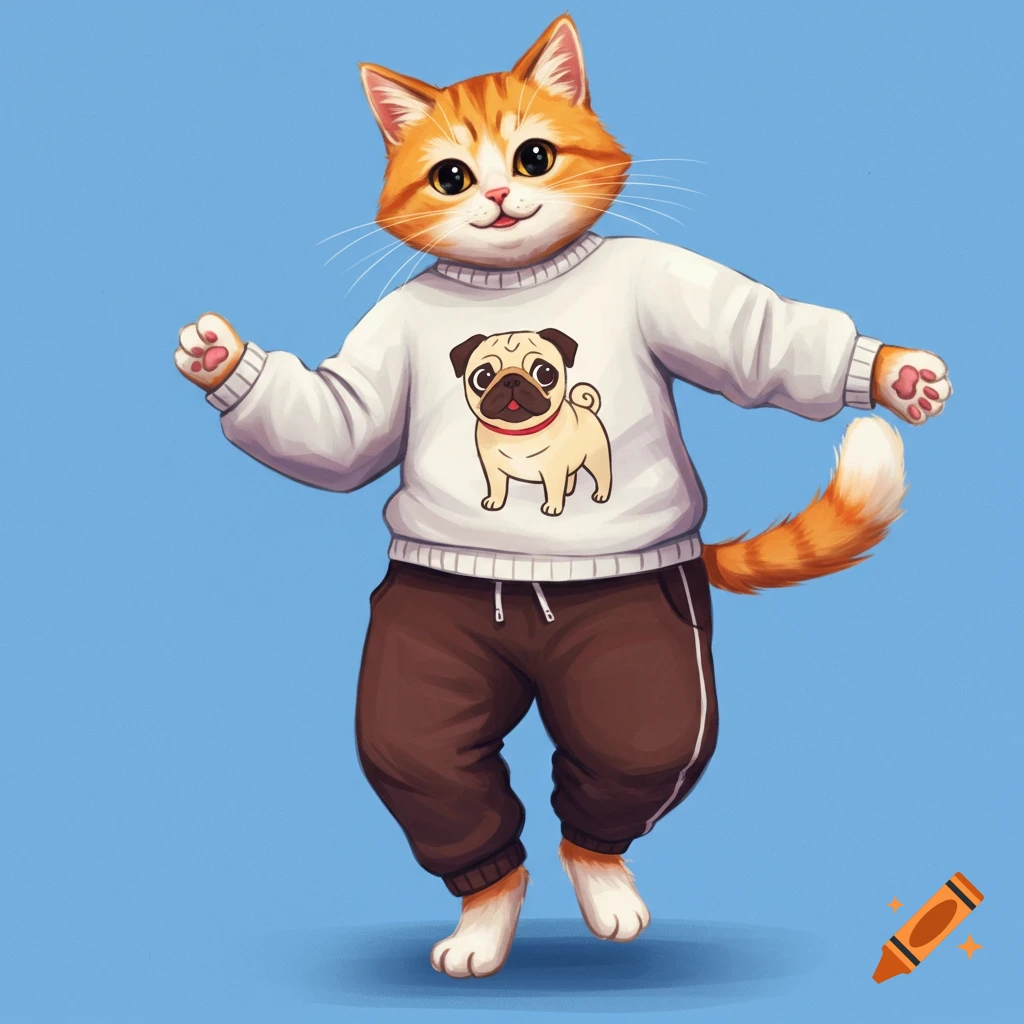 Cartoon cat wearing a white sweater with a pug on it and brown sweatpants.