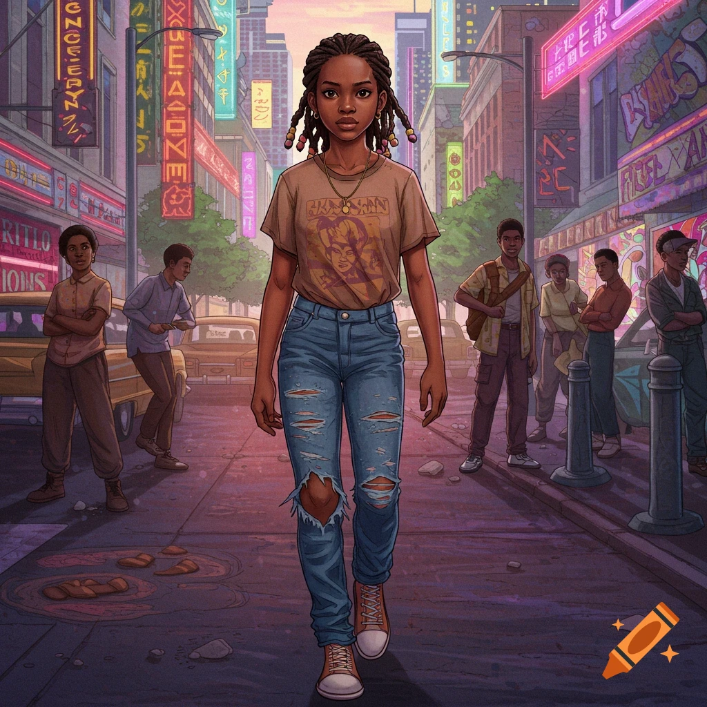 A young woman in ripped jeans walks down a city street lined with neon signs.