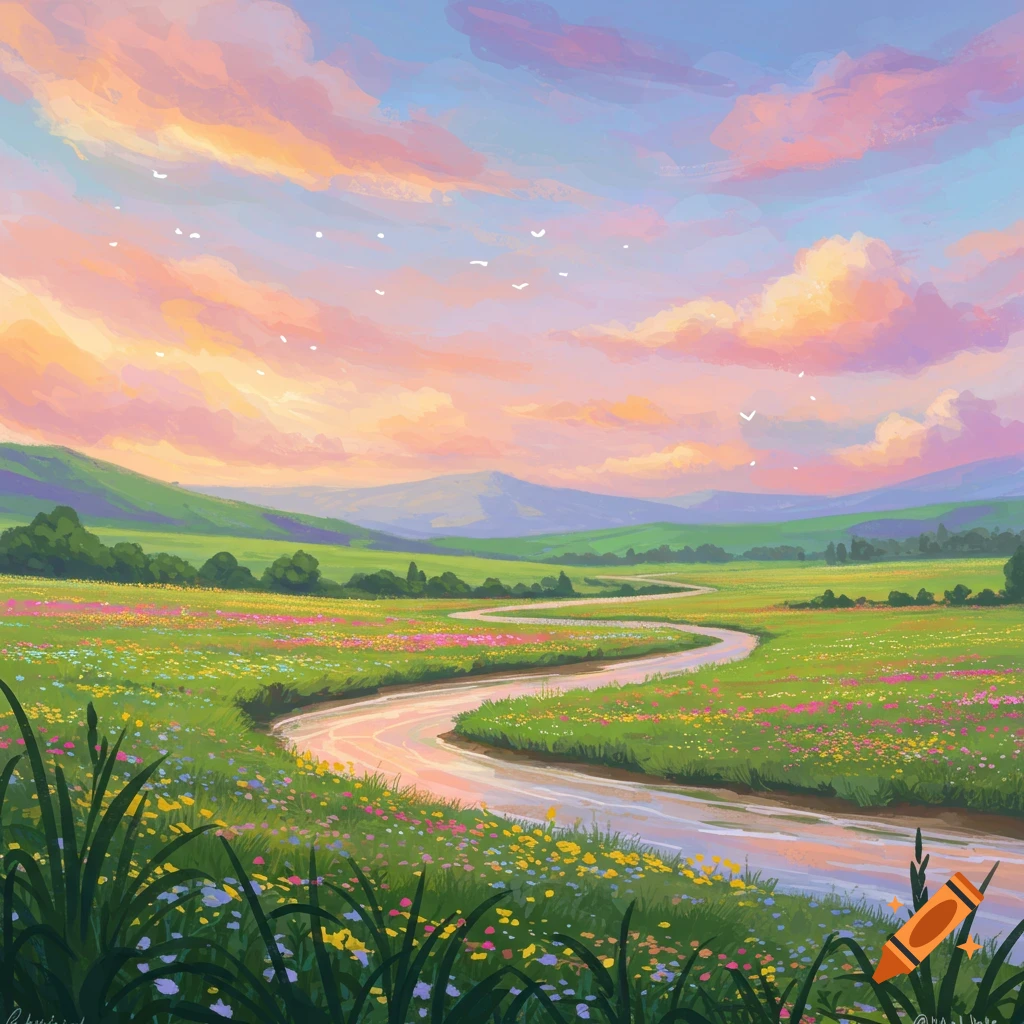 A winding river flows through a wildflower field with green hills under a colorful sunset sky.