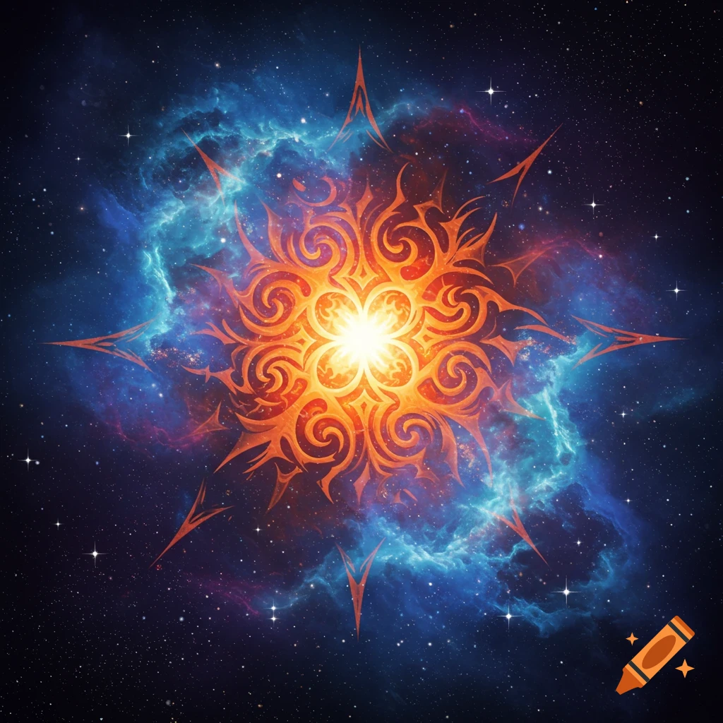 An abstract fiery design over a blue nebula in space.