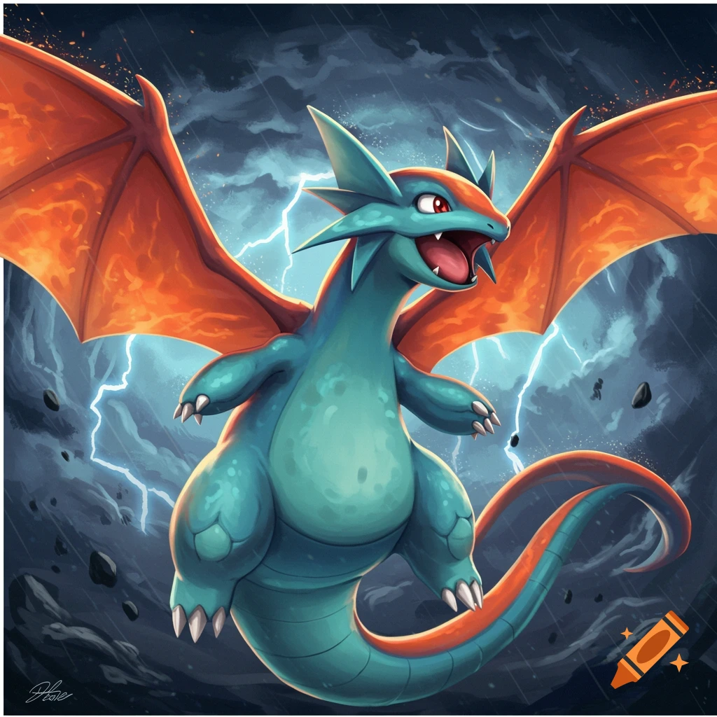 Illustration of a blue and orange dragon flying through a stormy sky with lightning.