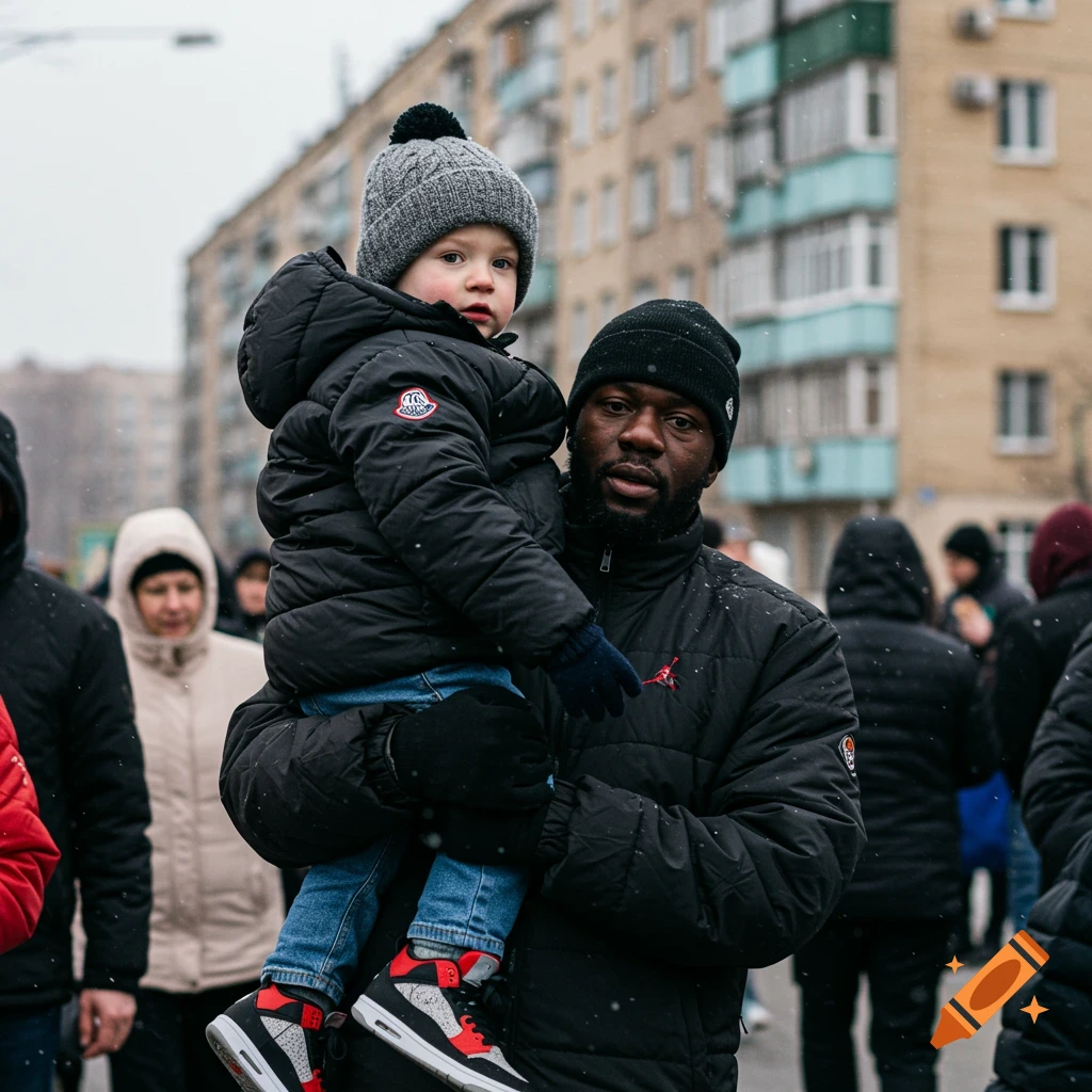 A man holds a child on his hip in a crowded, snowy street scene.