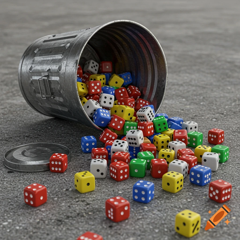 Photorealistic image of an overturned metal trash can spilling red, blue, green, yellow, and white dice onto concrete.