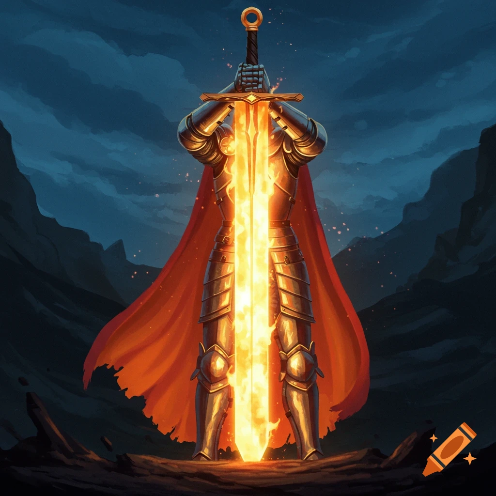 A knight in golden armor holds a glowing, sun-like sword in a dark, rocky landscape.