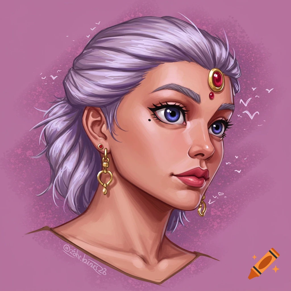A woman with purple hair and jewels