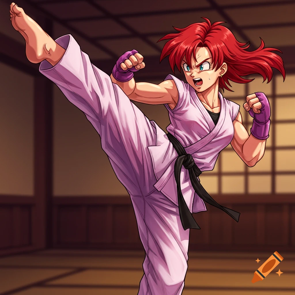 Anime woman with red hair doing a high kick in a dojo.