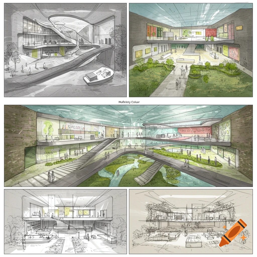 Architectural sketches of a futuristic museum interior with multiple levels, curved walkways, and indoor green spaces.