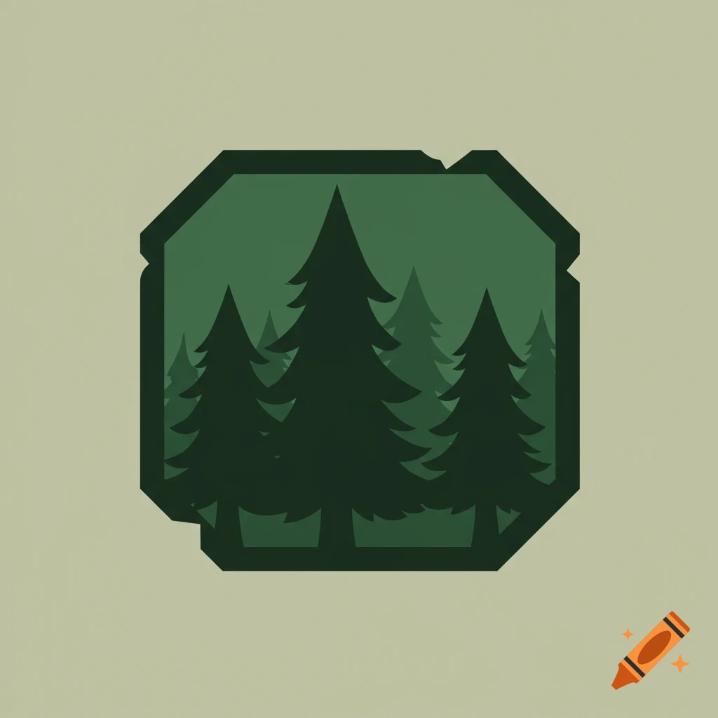 A simple graphic icon of dark green trees in a polygon shape.