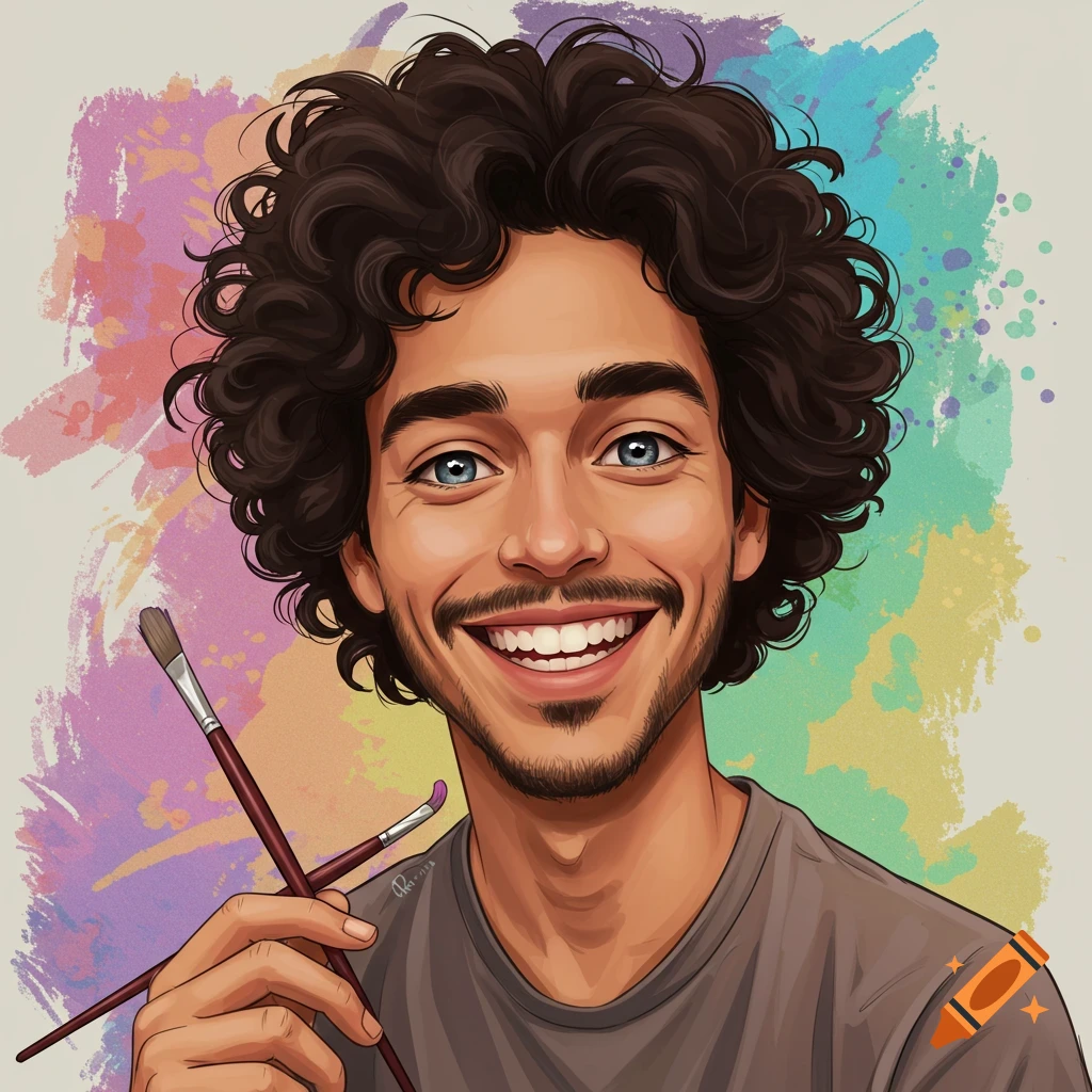 Illustrated portrait of a smiling man with curly hair holding paintbrushes against a colorful splash background.