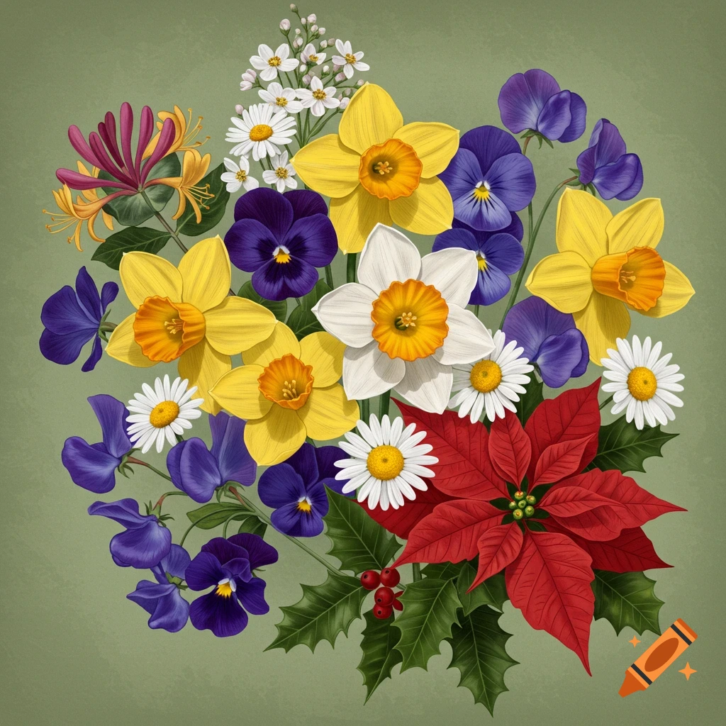 A vibrant bouquet featuring poinsettias, daffodils, pansies, daisies, sweet peas, honeysuckle, and holly.