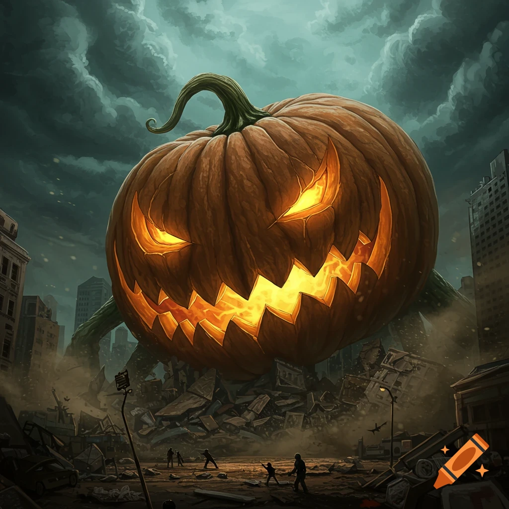 Giant scary pumpkin monster attacking a ruined city.