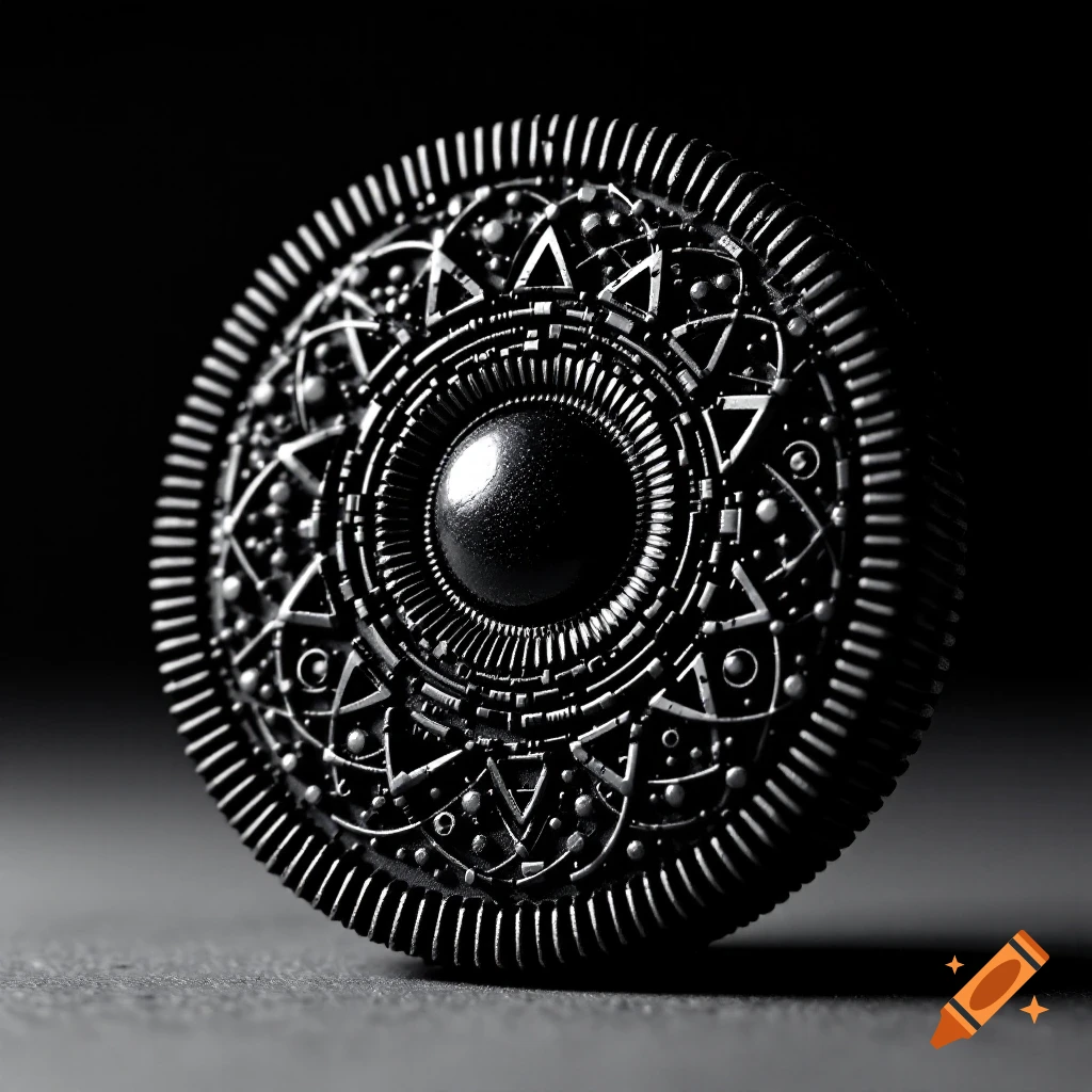 Close-up of a highly detailed, stylized black and silver object resembling an ornate metallic cookie.