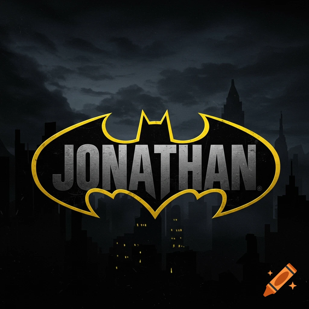 Batman logo shape with the name JONATHAN in grey text against a dark city skyline.