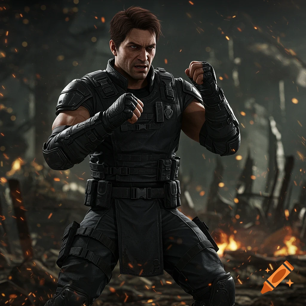 A male fighter in black tactical gear is in a fighting stance in a destroyed city arena. Cinematic style.