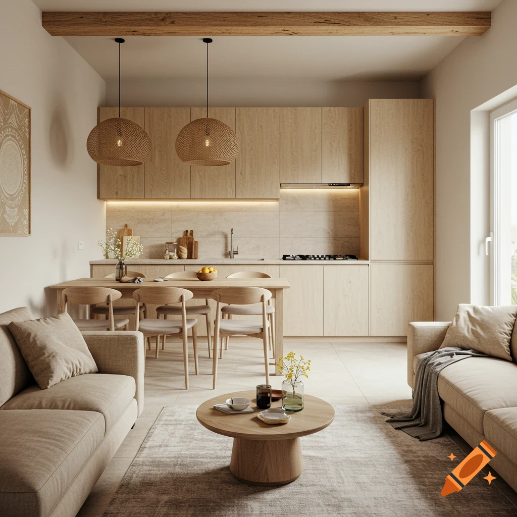 A modern kitchen and living room with light wood cabinets, a dining table, sofas, and a coffee table.