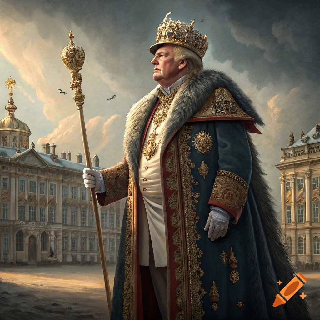 Donald Trump depicted as a tsar in a crown, robe, and holding a scepter, standing in front of a palace.