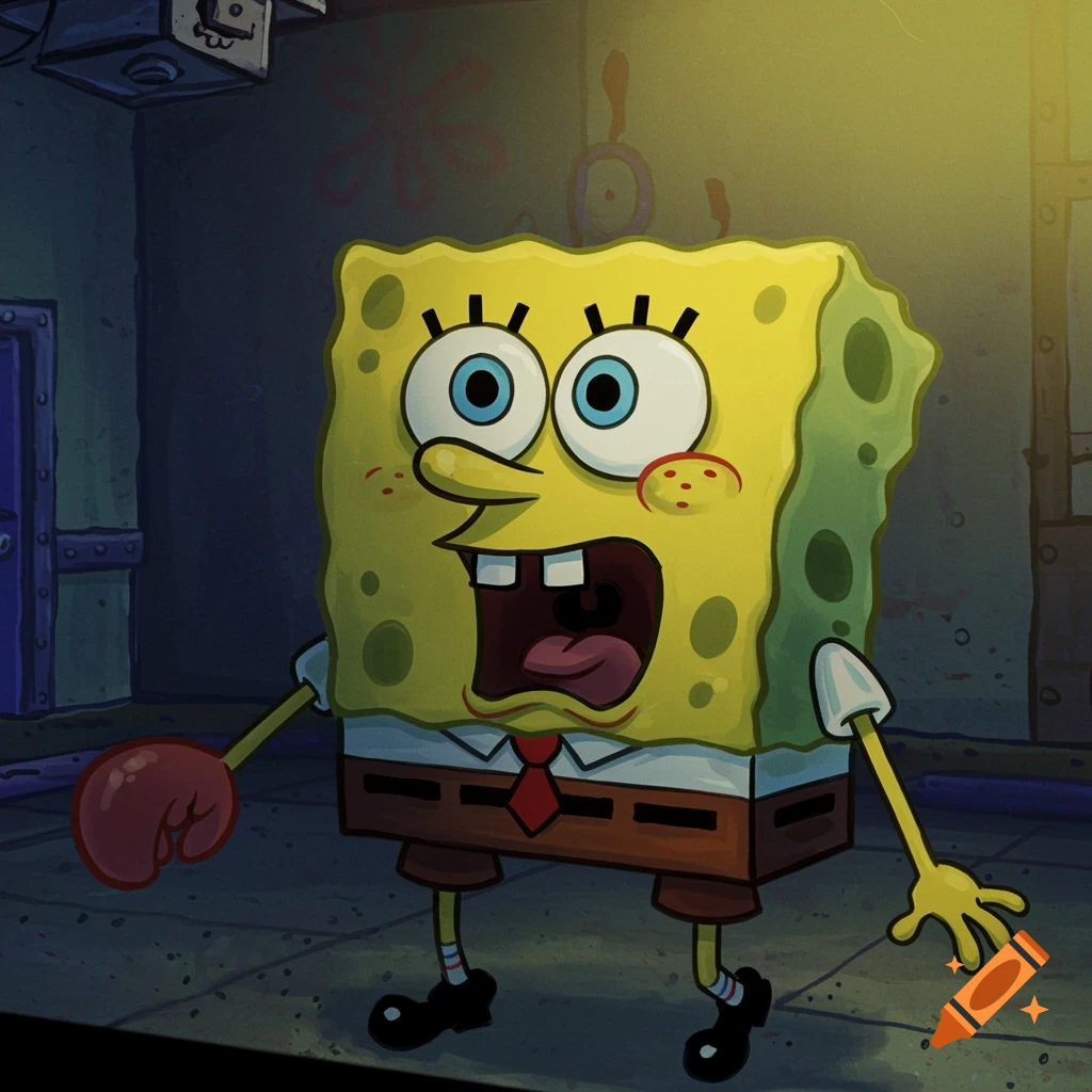 Spongebob Squarepants looks startled in a low-resolution, grainy CCTV-style image.