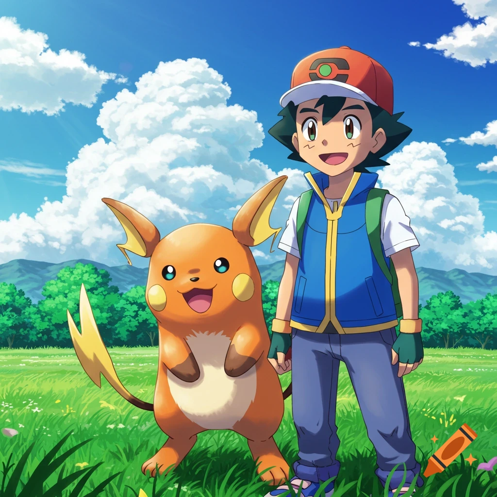 Ash and Raichu stand together in a grassy field under a blue sky in an anime style.